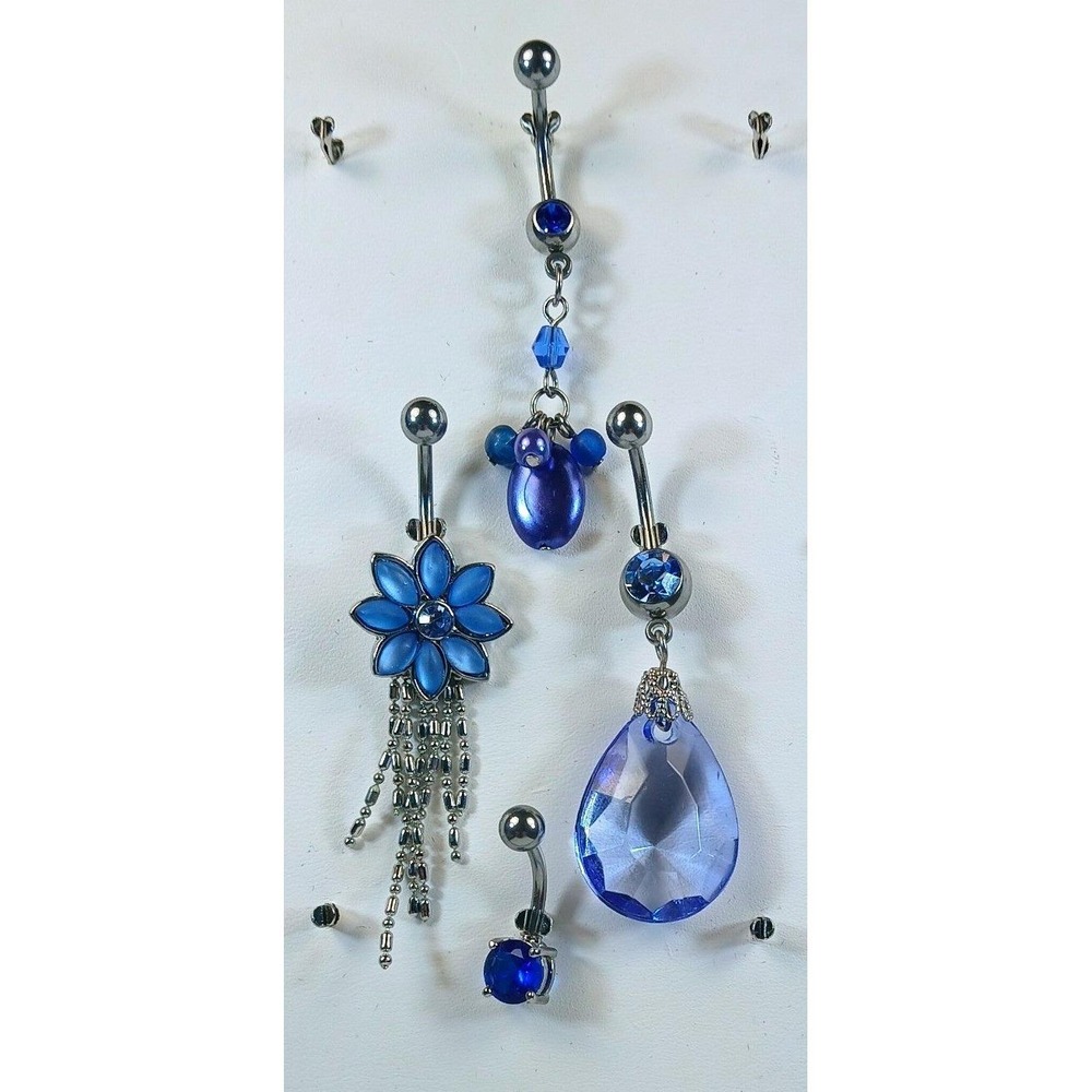 Vintage 90s Blue Belly Button Ring Set 4pc 14G 316L Surgical Steel New Old Stock - Picture 4 of 12